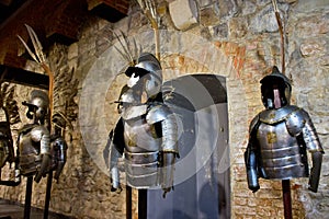 Armor of knights, flying hussars. Background for ancient weapons and war