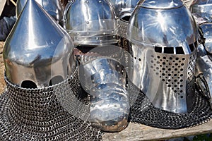 Armor of participants in the competition for the Medieval Battle. Ð¢hÐµrÐµ are helmets and chain mail