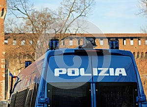 Armored car of the Italian police in checkpoint control