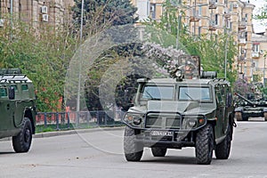 An armored car `Tiger` GAZ-233014 during a dress rehearsal of a military parade in honor of Victory Day in Volgograd