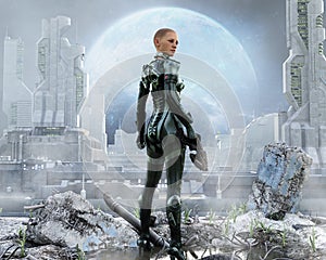 Armored female soldier posing in front of a futuristic city.