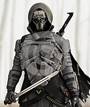 Armored Futuristic hooded sci fi samurai .