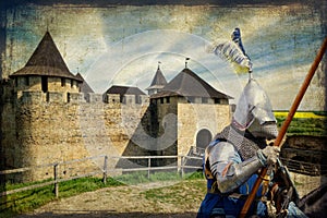 Armored knight on warhorse over old medieval castle photo