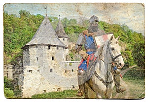 Armored knight on warhorse - retro postcard photo