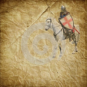 Armored knight on white warhorse - retro postcard photo