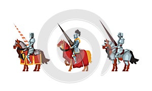Armored Medieval Knight or Cavalryman Sitting on Horseback Holding Lance Vector Set