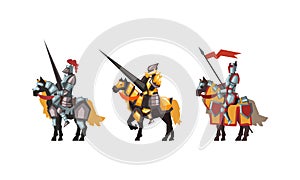 Armored Medieval Knight or Cavalryman Sitting on Horseback Holding Lance Vector Set