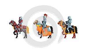 Armored Medieval Knight or Cavalryman Sitting on Horseback Vector Set