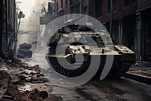 Armored personnel carrier navigating through an urban environment. Generative AI