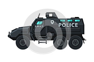 Armored Police Vehicle, Emergency Transport, SIde View Flat Vector Illustration