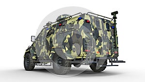 Armored SUV truck, bulletproof army vehicle, camo military car isolated on white background, back view, 3D render