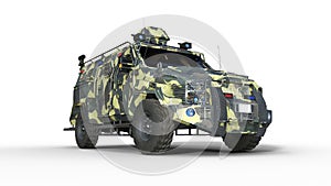 Armored SUV truck, bulletproof army vehicle, camo military car isolated on white background, bottom view, 3D render