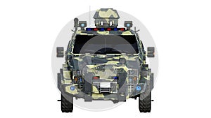 Armored SUV truck, bulletproof army vehicle, camo military car isolated on white background, front view, 3D render