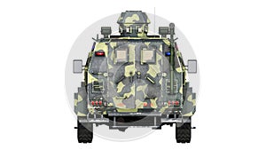 Armored SUV truck, bulletproof army vehicle, camo military car isolated on white background, rear view, 3D render