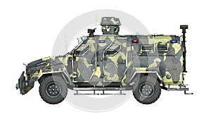 Armored SUV truck, bulletproof army vehicle, camo military car isolated on white background, side view, 3D render