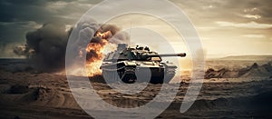 armored tank crossing a minefield during a military invasion epic scene of fire and some in the desert, wide poster design.