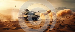 armored tank crossing a minefield during a military invasion epic scene of fire and some in the desert, wide poster design.