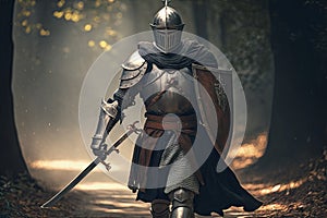 armored warrior in medieval armor walking into battle with sword