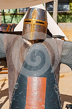 Armour and helmet of the Middle Ages at a festival recreating the medieval era