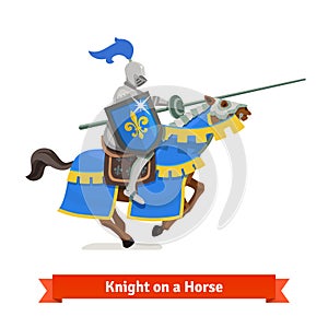 Armoured medieval knight riding on a horse