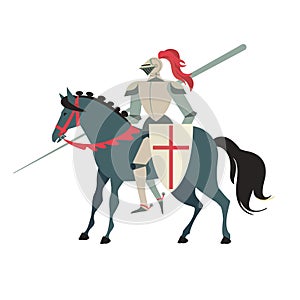 Armoured medieval knight riding on a horse with spear and shield. Flat illustration isolated on white background.