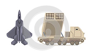 Armoured Missile Vehicle and Aircraft as Military Transportation for Combat Vector Illustration Set