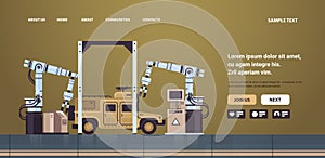 armoured personnel carrier APC on assembly conveyor line with robot arms special battle transport military equipment