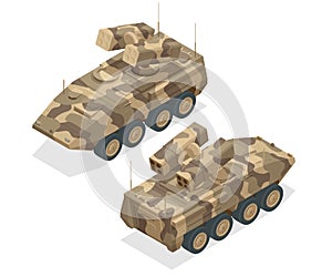 An armoured personnel carrier APC , broad type of armoured, military vehicles designed to transport personnel and photo