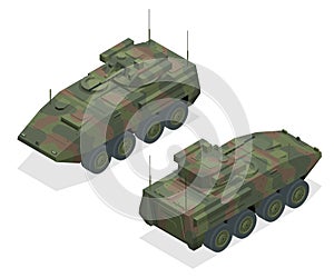 An armoured personnel carrier APC , broad type of armoured, military vehicles designed to transport personnel and photo