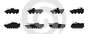 Armoured personnel carrier icon set. wheeled and tracked armoured vehicles. vector images for military web design