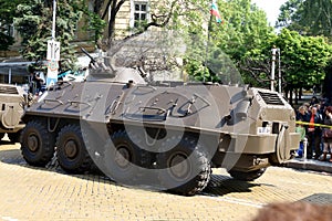 Armoured personnel carriers BTR-60 PB MD1 on military hardware parade.