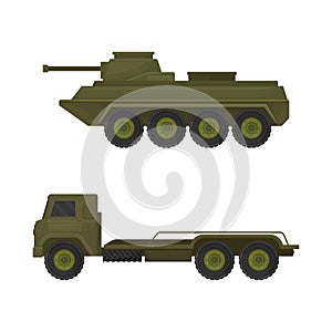 Armoured Tank and Truck as Military Machine and Armored Vehicle for Warfare Vector Set