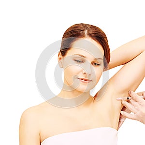 Armpit anti hyperhidrosis treatment. Cosmetic injecting procedure. Clinic cosmetology sweat therapy. Beuty young woman. Girl skin