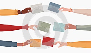 Arms and hands of multiethnic people holding an email as a concept of electronic mail information and sharing online. Team