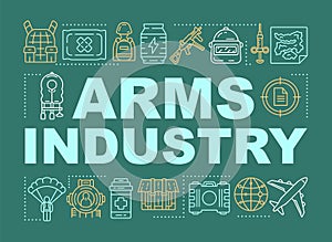 Arms industry word concepts banner. Military force technology. Soldiery training. Presentation, website. Isolated