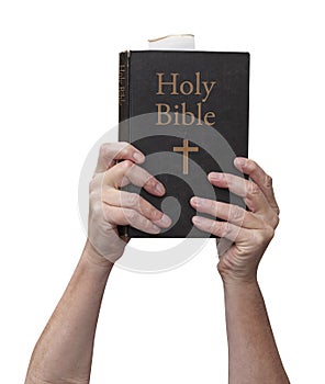 Arms raised into the air with hands reaching up and holding the Holy Bible book