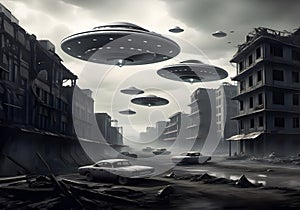 Army of alien UFO flying over a destroyed city