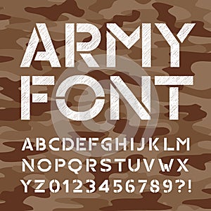 Army alphabet font. Distressed type letters and numbers.