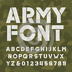 Army alphabet font. Scratched bold type letters and numbers on camo background.