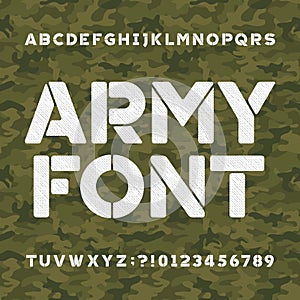 Army alphabet font. Scratched type letters and numbers on a seamless green camo background.