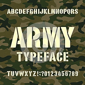 Army alphabet typeface. Stencil letters and numbers on distressed camo background.