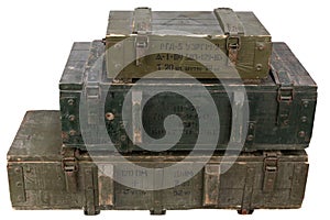 Army ammunition stack of green crates. Text in russian - type of ammunition, projectile caliber, projectile type, number of pieces photo