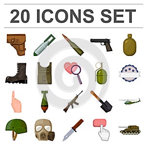 Army and armament cartoon icons in set collection for design. Weapons and equipment vector symbol stock web illustration