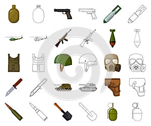 Army and armament cartoon,outline icons in set collection for design. Weapons and equipment vector symbol stock web