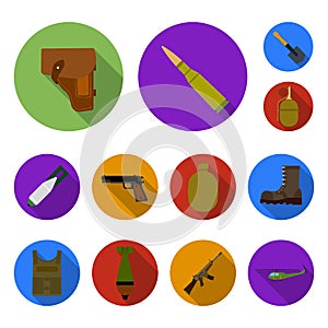 Army and armament flat icons in set collection for design. Weapons and equipment vector symbol stock web illustration.