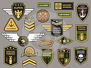 Army badges. Military patch, air force captain sign and paratrooper insignia badge vector patches set