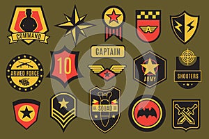 Army badges. Usa military patches and airborne labels. American soldier chevrons with typography and star vector set photo