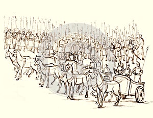 An army on the battlefield is lined up for battle