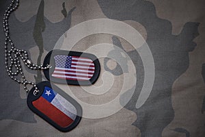 army blank, dog tag with flag of united states of america and chile on the khaki texture background.