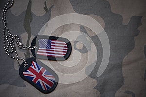army blank, dog tag with flag of united states of america and great britain on the khaki texture background.
